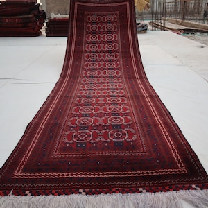 2&#39;8x9&#39;8 ft Vintage Turkmen Waziri Runner Rug, Afghan Handmade Wool Antique Geometric Rug, Red 10 ft Hallway Runner Rug, Kitchen Runner Rug