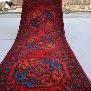Red 2x5 Afghan Bukhara runner rug, Handmade wool rug, Turkmen Ersari 5 ft Runner Rug Vintage Elephant foot rug, Oriental Hallway runner rug