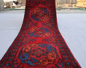 Tapete corredor Bukhara afegão vermelho 2x5, tapete de lã feito à mão, tapete corredor turcomano Ersari de 1,5 m, tapete vintage com estampa de pata de elefante, tapete corredor oriental para corredor.