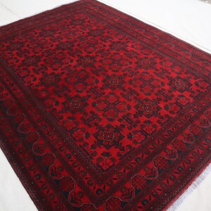 6x8 ft Large Afghan Rug, Hand Knotted Khal Muhammadi Bukhara Rug, Oriental Turkmen Tribal Rug, Red Living room Rug, Dining Table Carpet