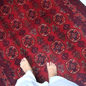 5x7 Red Antique Rug 4'11x6'6" ft Geometric Waziri Rug, 150x200 cm Afghan Handmade Wool Area Rug, Turkmen Tribal Rug, Oriental Vintage Rug