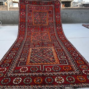 4&#39;4x9&#39;6 ft Afghan Caucasian Rug, Terracotta Vintage Rug, Turkmen Tribal Handmade Wool Rug, Oriental Soft Pile Faded Rug, Geometric Area Rug