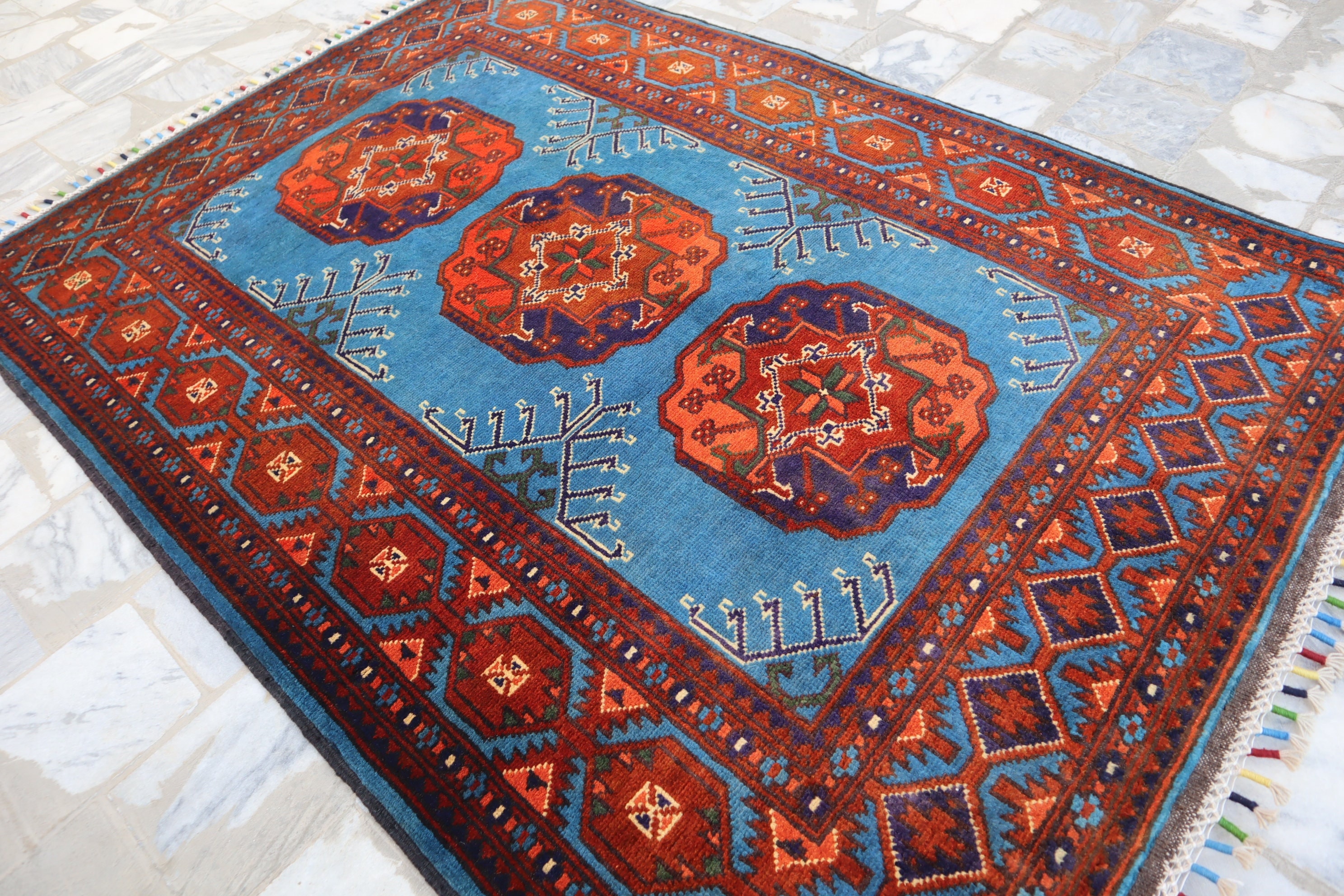 ラグ・カーペット Bukhara rugs Blue Bukhara Rug 3x5 Afghan Handmade Wool Area Rug, Elephant Foot