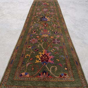 Light Green 10 ft Runner Rug, Handmade Wool rug, Bijdar design Floral Afghan Runner Rug, Turkmen Hallway Runner Rug, Stair Treads Runner Rug