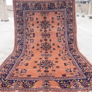 3&#39;5x5&#39;4 ft Afghan Terracotta Rug, Turkmen Tribal Bukhara Rug, Handmade Wool Rug, Vintage Area Rug, Oriental Rug, Bedroom Rug, Office Rug 4x5