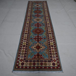 10 ft Runner rug, Blue Kazak Rug, Handmade Wool Rug, Afghan Geometric Rug, Turkish Pattern Rug, Hallway Runner Rug Oriental Rug, Kitchen Rug