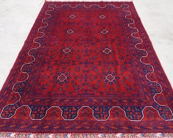 5x7 Handmade Afghan Rug, Fine Wool Rug Vintage Tribal Bukhara Rug, Large Area Rug, Bedroom Rug Kitchen Rug Office Rug, Red Navy Orange Green