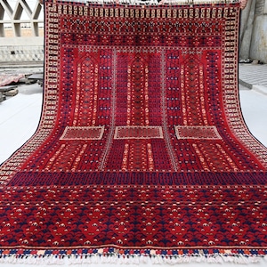 6x8 Red Rug, Afghan Rug, Hand Knotted Rug, Famous design Hetchulu Parda Bukhara Rug Oriental Turkmen Tribal Rug, Rug for Bedroom Living Room