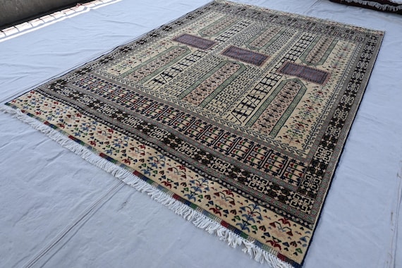 Beige Antique Rug 6x8 Afghan Handmade Rug, Turkmen Tribal Bukhara Rug, Hetchulu Parda Design Oriental Rug, Bedroom Rug 170x240 cm Area Rug