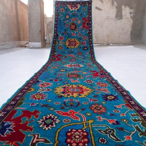 13 ft Runner Rug, Blue Oushak Rug, Handmade Wool Rug, Afghan Blue Bijdar rug, Hallway Runner Rug, Kitchen Runner Rug, Serapi Rug 80x400 cm