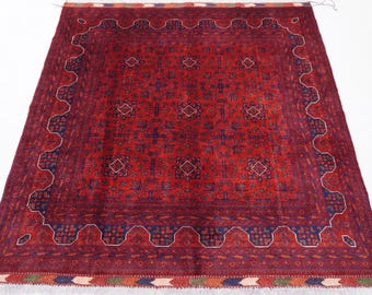 Large 7x7 Square Rug, Turkmen Bukhara Rug, Top Quality Afghan Handmade Wool Area Rug 200x200 cm Oriental Turkmen Soft Rug, Living room Rug