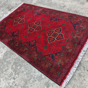 Afghan Vintage rug 2'6x4'5 ft Hand-knotted High Pile Soft Wool Carpet Khal Muhammadi Area rug, Antique Turkmen Bukhara Red rug, Oriental Rug image 12
