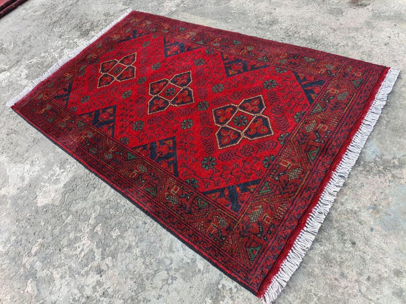 Afghan Vintage rug 2'6x4'5 ft Hand-knotted High Pile Soft Wool Carpet Khal Muhammadi Area rug, Antique Turkmen Bukhara Red rug, Oriental Rug image 12