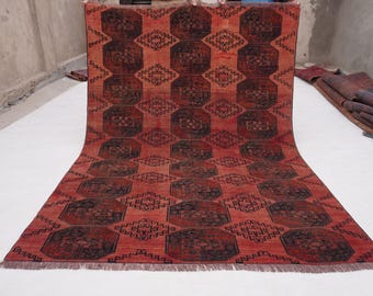 1920s Antique 5x7 Terracotta Rug, Turkmen Tekke Ersari Rug 4'8x6'6" Oriental Rug, Low Pile Handmade Wool Rug, Tribal Bedroom Rug 145x200 cm