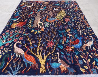Navy Blue Pictorial Rug 5x7 Afghan Rug, Hand Knotted Fine Wool Rug, Peacocks Birds Trees Art Rug, Oriental Rug, Kids Room Rug, Bedroom Rug