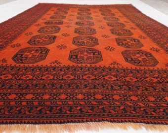1920s Antique Orange Rug 8x10 Turkmen Tekke Ersari Rug, Afghan Handmade Wool Area Rug, Oriental Rug, Living Room Rug Bedroom Rug 7'5x10'2 ft