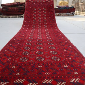 10 ft Runner Antique Rug, Turkmen Tribal Tegap design Long Runner rug, Afghan Handmade Wool Rug, Red Hallway runner rug, Oriental Rug 3x10