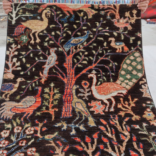 3x4 ( 85x120cm ) Afghan Pictorial Rug, Tree of Life Turkmen Handmade Rug, Oriental Area Rug, Birds Animals Trees Peacocks, Kids Room Carpet