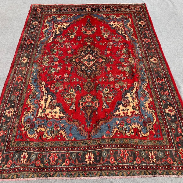 7x10 Large Turkish Heriz Rug, Geometric design High Pile Antique Rug, Authentic Turkmen Handmade Red Rug, Afghan Oriental Rug, Living Room