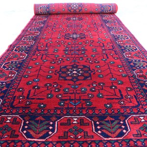 10 ft Runner Rug, Red Bukhara Rug, Handmade Wool Rug, Turkmen Khal Muhammad Fine Hallway Runner Rug, Oriental Vintage Rug, Tribal Afghan Rug