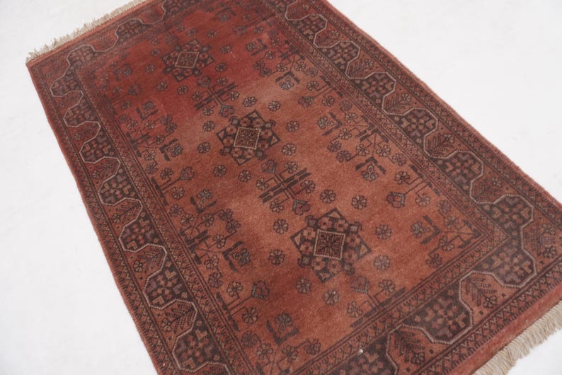 Antique Terracotta Rug 3'4x5'3" Turkmen Bukhara Rug, Handmade Afghan Wool Rug, Bedroom Rug, Office Rug, Kitchen Rug, Tribal Rug image 11