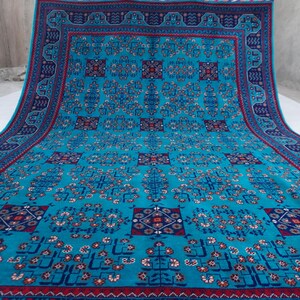 7x10 Afghan Turquoise Rug, Top Quality Hand Knotted Wool Rug Turkmen Bukhara Rug, Traditional Rug Bedroom, Living Room Rug Modern Luxury Rug