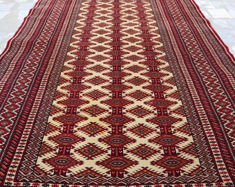 Afghan Antique Rug 4'2x5'9 ft Oriental Turkmen Handmade Wool Area Rug, 4x6 Zahir Shaye Bukhara Rug, Beige Red Tribal Rug, Bedroom Office Rug