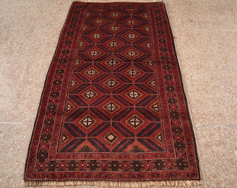 3'8x6'6 Vintage Handmade Tribal Rug, Afghan Geometric Rug, Oriental Antique Baluchi Rug, Intricate Pattern, Rich Autumn Colors, Natural Dyes
