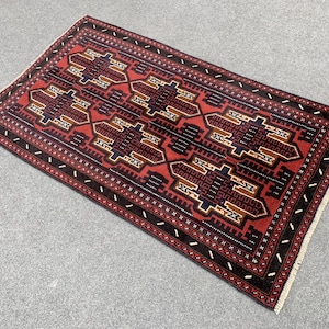 3x5 Afghan Vintage Rug, Tribal Handmade Wool Rug, Oriental Baluchi Area Rug, Geometric Turkmen Rug, Red Office, Bedroom Rug, Living Room Rug