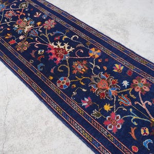 Navy Blue 16 ft Runner Rug, Handmade Wool rug, Bijdar design Floral Afghan Runner Rug, Turkmen Hallway Runner Rug, Stairs Treads Runner Rug