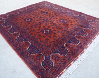 5x5'7 ft Square Rug, Afghan Rug, Handmade Rug, Wool Rug, Tribal Bukhara Rug, Vintage Square Rug, Oriental Bedroom Rug Turkmen Famous Rug 5x5