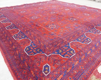 Red 7x7 Square Rug, Afghan Handmade Wool Area Rug, Top Quality Turkmen Bukhara Rug 205x220 cm Oriental Soft Rug Living room Rug, Bedroom Rug