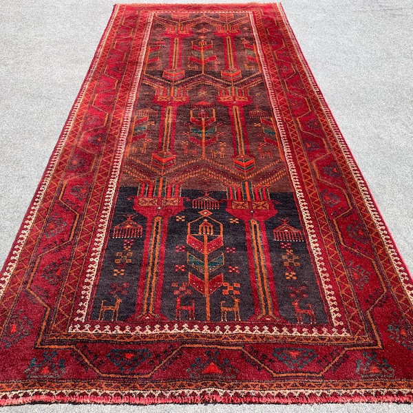 4x9 Afghan Antique Runner Baluchi design Geometric Rug, Handmade Wool Red Turkmen Tribal Rug, One of a Kind Rug, Wide Hallway Runner Rug