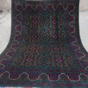 5x7 Dark Green Rug, Afghan Handmade Wool Rug, Top Quality Turkmen Tribal Bukhara Rug, 155x210 cm Oriental Soft Rug Living room, Bedroom Rug
