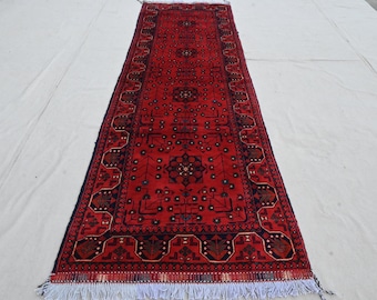 Tapete passante 3x10 pés (81x30 cm), tapete afegão de lã feito à mão, tapete geométrico Khal Muhammadi Bukhara, tapete oriental turcomano, passadeira de cozinha, tapete tribal.