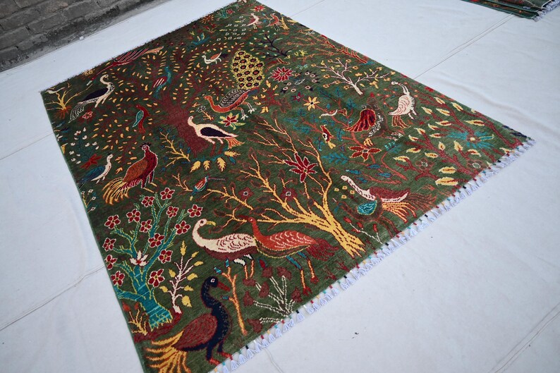 5x7 Green Pictorial Rug, Afghan Rug, Handmade Fine Wool Rug, Peacocks