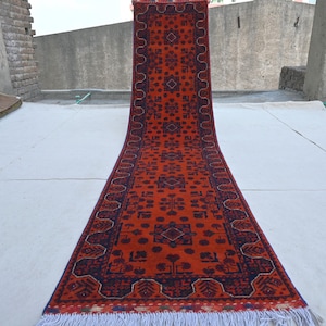 Orange 10 ft Runner Rug 2&#39;2x10 ft Afghan Bukhara rug, Handmade wool rug, Turkmen Tribal Rug Vintage Oriental Rug, Kitchen Hallway runner Rug
