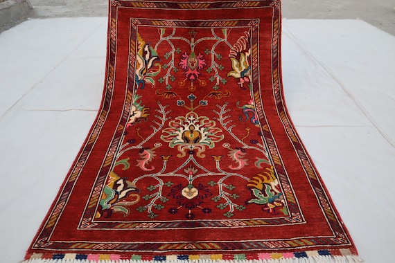 3'4x5'3 Ft ( 100x160 Cm ) Red Colorful Premium Handmade Modern