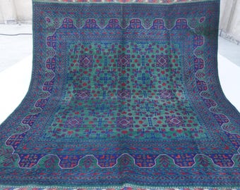 Dark Green 7x7 Square Rug, Afghan Handmade Wool Rug, Top Quality Turkmen Bukhara Rug 200x210 cm Oriental Soft Rug, Living room, Bedroom Rug
