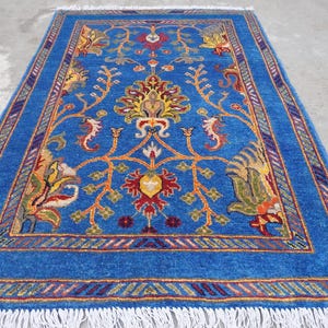 3&#39;6x4&#39;11 ft Blue Bijdar Rug, Afghan Handmade Wool Rug, Top Quality Turkmen Floral Rug 106x150 cm Oriental Area Rug, Office Rug, Bedroom Rug