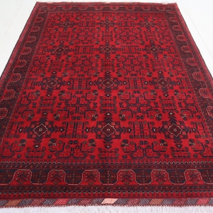6x8 ft Large Afghan Rug, Hand Knotted Khal Muhammadi Bukhara Rug, Oriental Turkmen Tribal Rug, Red Living room Rug, Dining Table Carpet