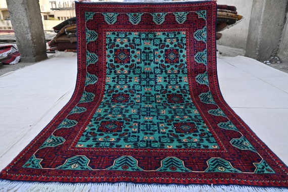 4x6 Turquoise Afghan Rug, Hand Knotted Wool Rug, Khal Muhammadi Bukhara Rug, Stunning Turkmen Tribal Area Rug, Vintage Oriental Nomadic rug