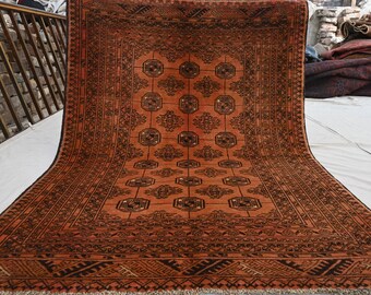 Alfombra tribal vintage de 4x6, alfombra de terracota, alfombra afgana Mowri, alfombra naranja hecha a mano, alfombra de lana de pelo corto, alfombra oriental, alfombra famosa de Turkmenistán