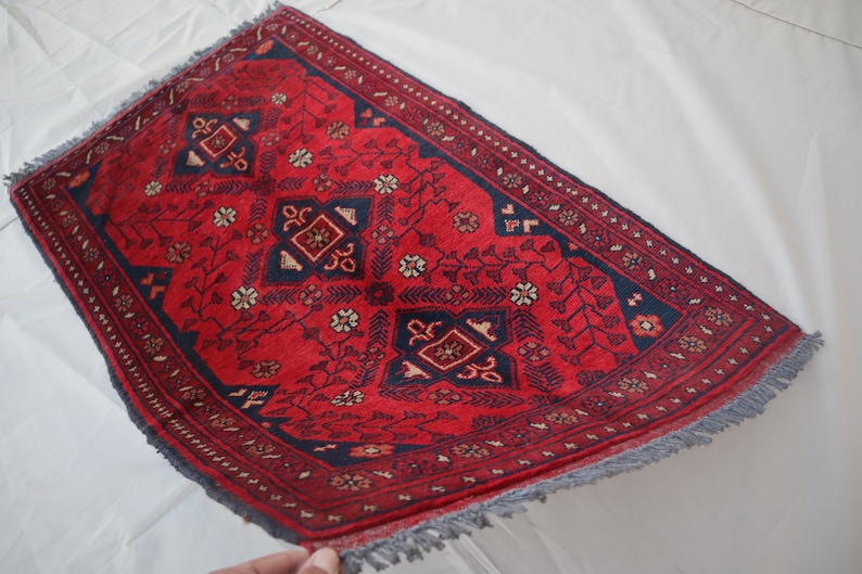 May include: A red and blue rug with a traditional Persian design. The rug has a fringe border and is made of wool.
