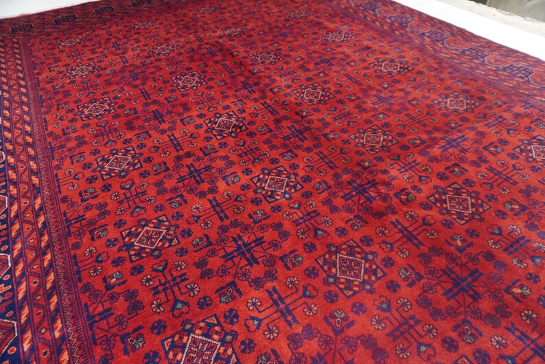 1990s Antique Rug 8'4x11'5" Turkmen Tekke Bukhara Rug Large Area Rug, Handmade Wool Rug Afghan Old Style Rug, Tribal Soft Pile Oriental Rug image 7