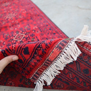Red 1&#39;8x5&#39;1 ft runner rug, Afghan Geometric rug, Vintage runner rug Khal Muhammadi design Bukhara rug, High Pile Wool Turkmen Tribal Rug 2x5