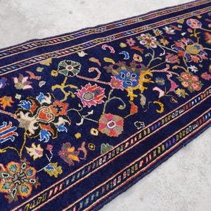 Navy Blue 10 ft Runner Rug, Handmade Wool rug, Bijdar design Floral Afghan Runner Rug, Turkmen Hallway Runner Rug, Stairs Treads Runner Rug