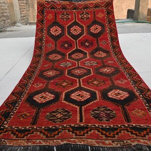 4x8 Orangish Black Antique rug, Collectors Piece Caucasian Rug, Afghan Handmade Wool Rug, Turkmen Tribal Rug, Low Pile Distressed Faded rug