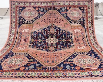 7x7 Square Rug 205x205 cm Afghan Terracotta Caucasian Rug, Handmade Fine Wool Rug, Geometric design Vintage Pattern Rug, Turkmen Tribal Rug