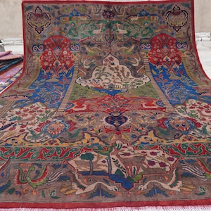 13x10 Large Pictorial Rug, Hand Knotted Wool Rug, Afghan Haunting Piece Vintage Pattern Rug, Kids Room Rug, Dining Table Rug Living Room Rug